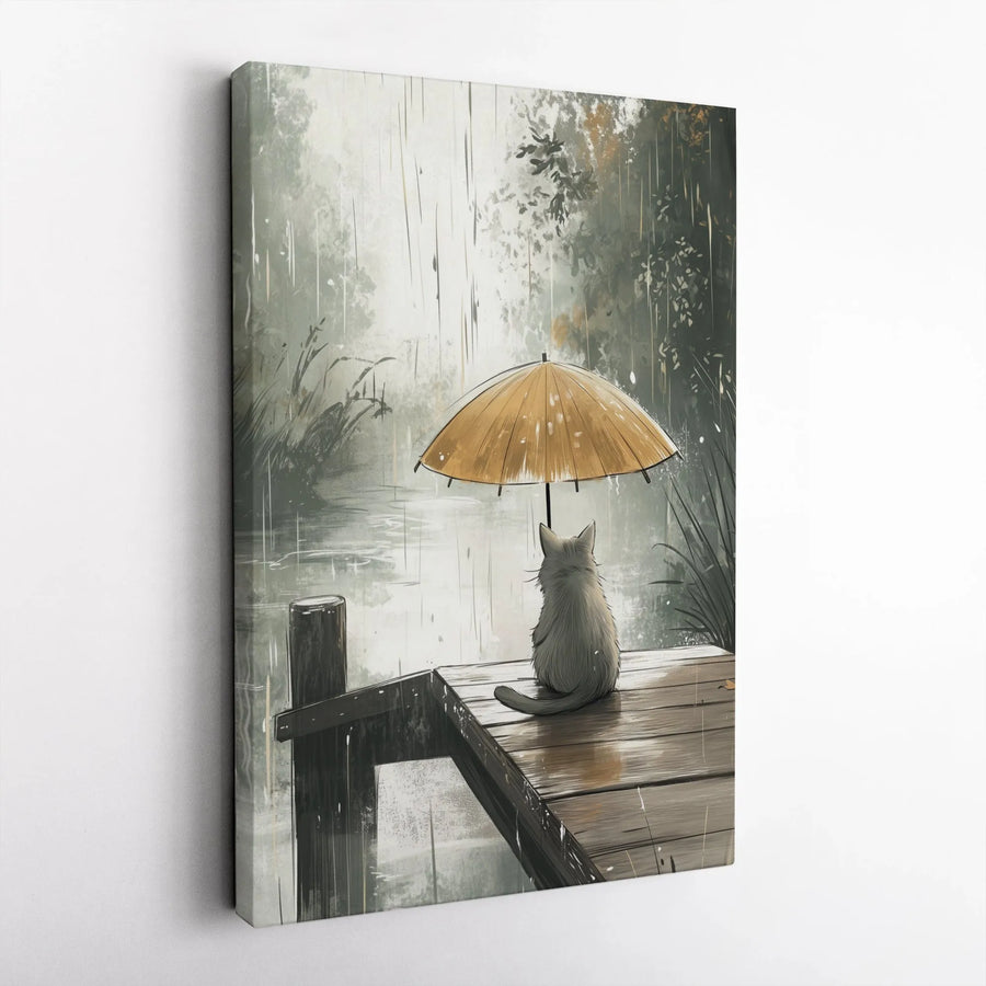Rainy Day Cat Wall Art | Yellow Umbrella Aesthetic Canvas | Premium Fade-Resistant Print | Cozy Home Decor Gift for Cat Lovers