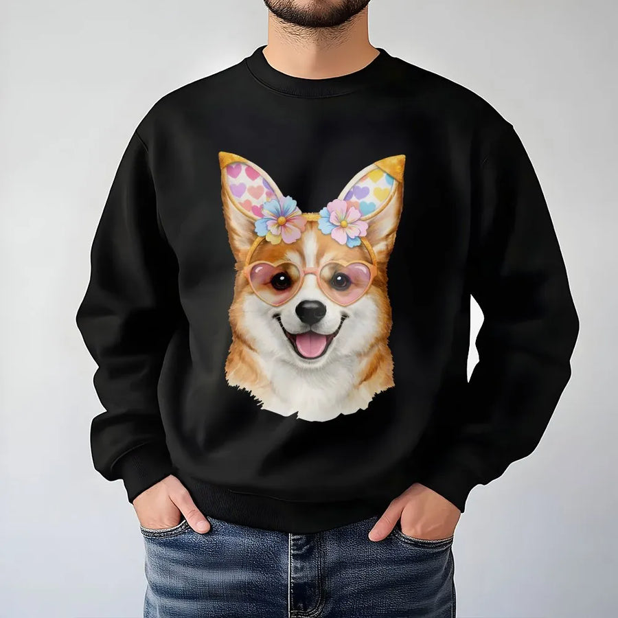 Cute Corgi Easter Sweatshirt | Dog with Bunny Ears & Heart Glasses | Soft Cotton Graphic Tee | Gift for Corgi Mom & Dog Lovers