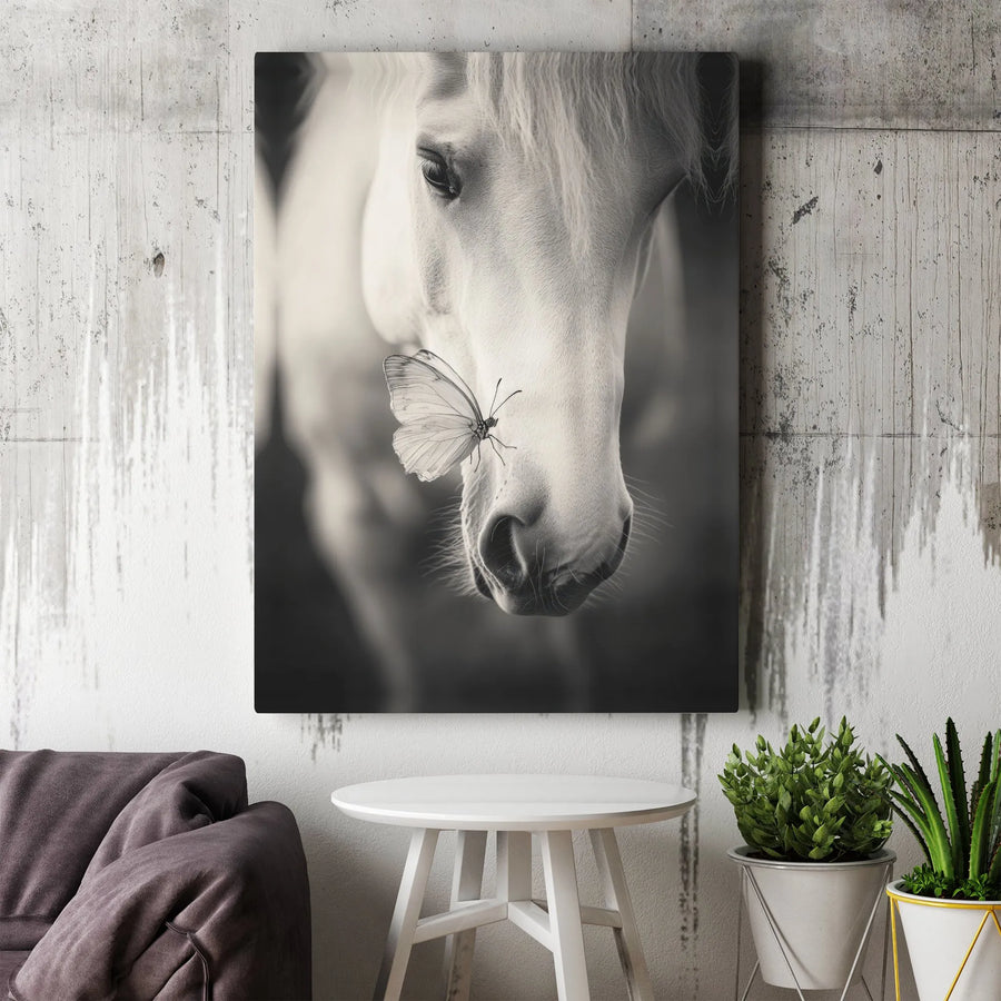 Horse and Butterfly Canvas Wall Art | Black and White Animal Photography | Premium Gallery Wrapped Canvas | Equestrian Home Decor Gift