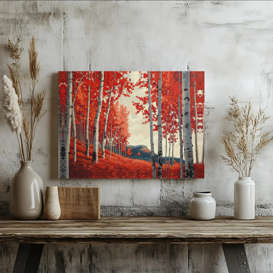 Autumn Birch Tree Canvas Wall Art | Vibrant Red Forest Landscape Print | Premium 1.25" Gallery Wrap | Modern Home & Office Decor Gift