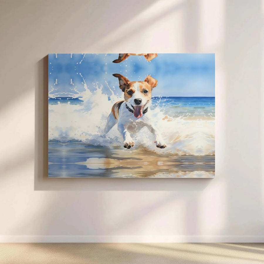 Jack Russell Beach Canvas Art | Vibrant Watercolor Dog Print | Premium Gallery Wrapped Canvas | Gift for Dog Lover, Coastal Home Decor
