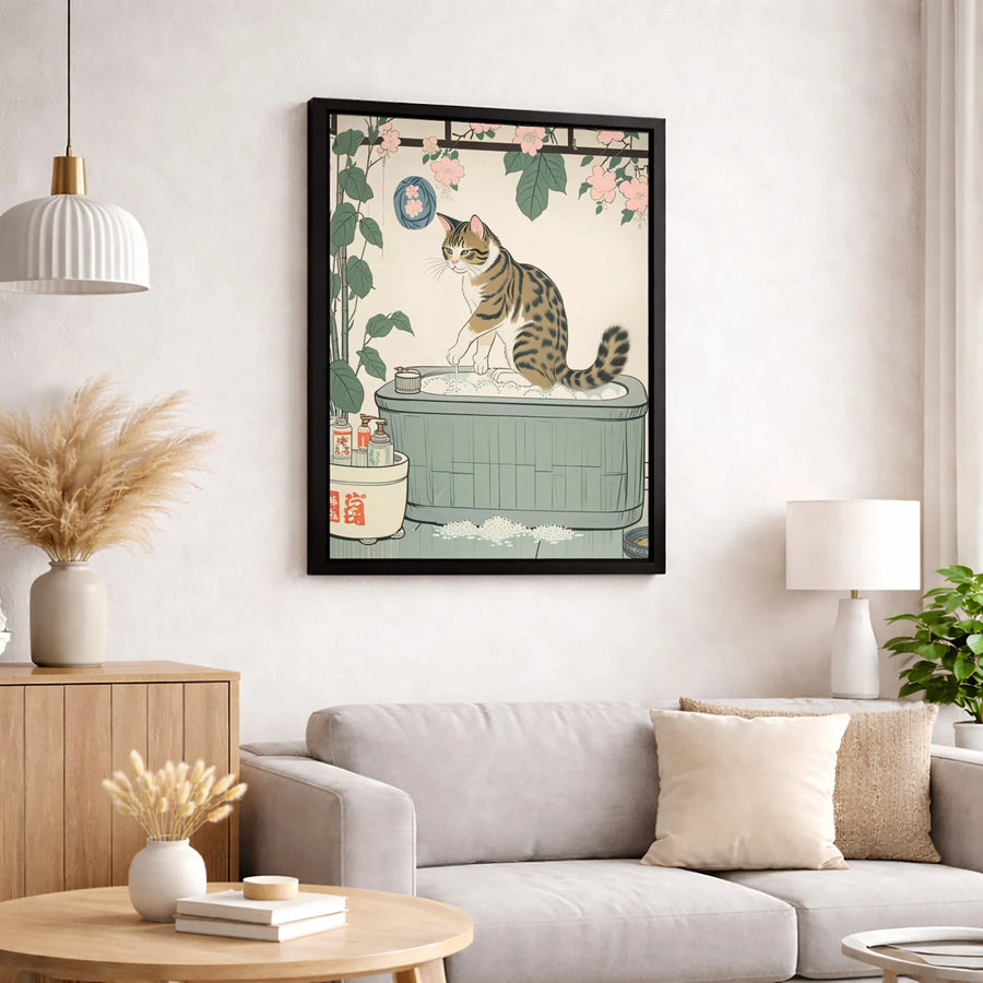 Japanese Cat Bathing Canvas Print | Ukiyo-e Style Cherry Blossom Wall Art | 1.25" Premium Gallery Wrapped Canvas | Whimsical Bathroom Home Decor Gift