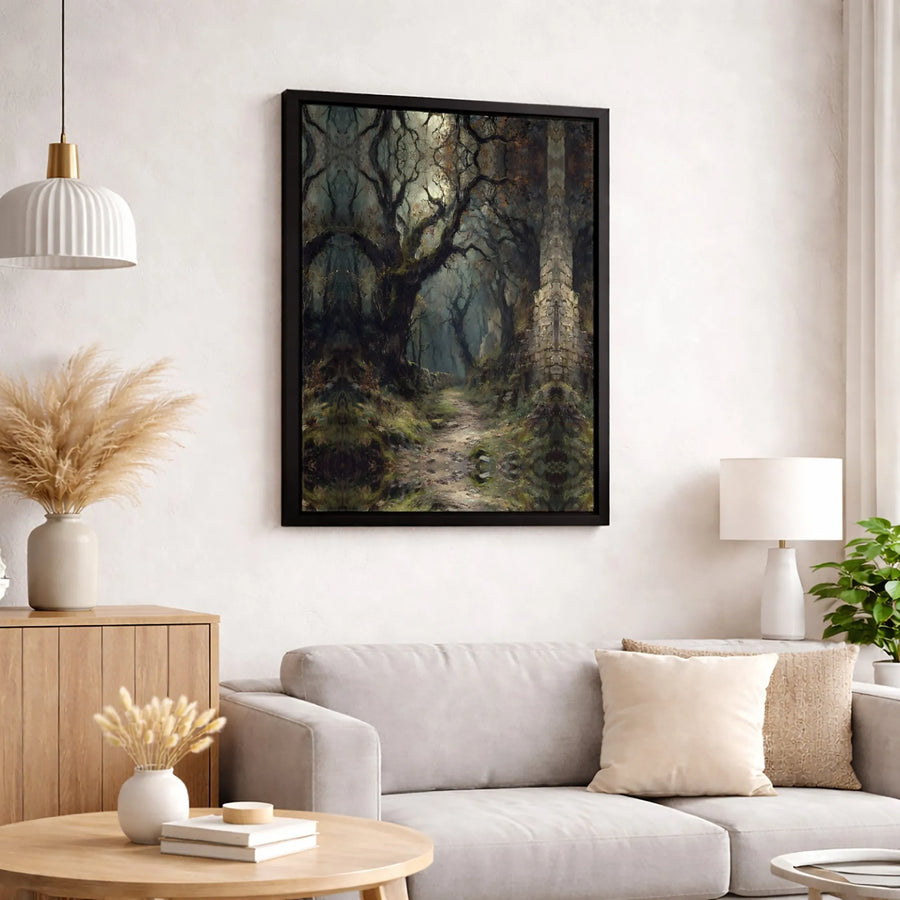 Dark Enchanted Forest Canvas Wall Art | Moody Woodland Path Oil Painting Print | Gallery-Quality 1.25 Inch Stretched Canvas | Gothic Home Office Decor