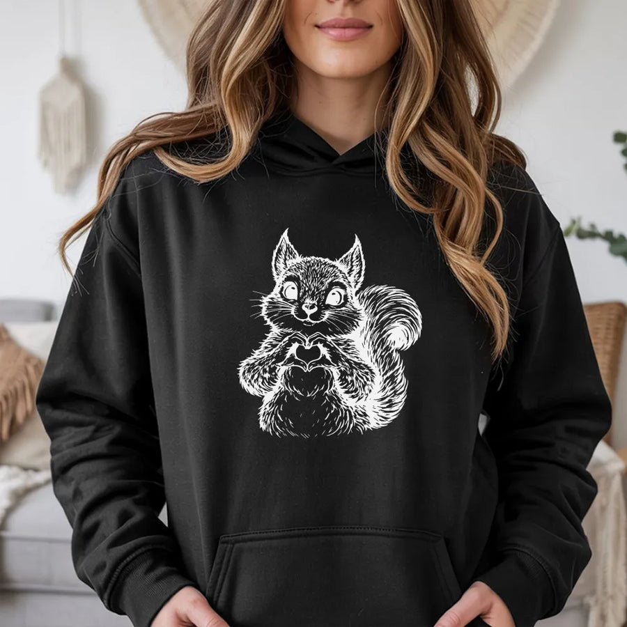 Cute Squirrel Hoodie | Heart Hands Woodland Animal Line Art | Premium Cotton Blend | Gift for Nature Lovers and Animal Enthusiasts
