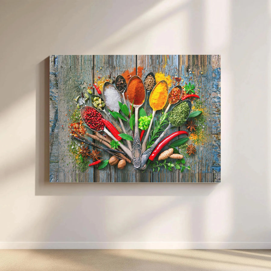 Kitchen Spices Canvas Wall Art | Colorful Herbs & Spoons on Rustic Wood | Thick Gallery Wrapped Print | Modern Farmhouse Dining Room Decor Gift