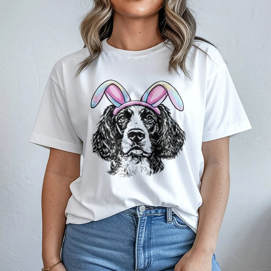 Springer Spaniel Easter T-Shirt | Funny Dog With Bunny Ears | Premium Soft Cotton Tee | Cute Animal Spring Holiday Gift For Dog Lovers