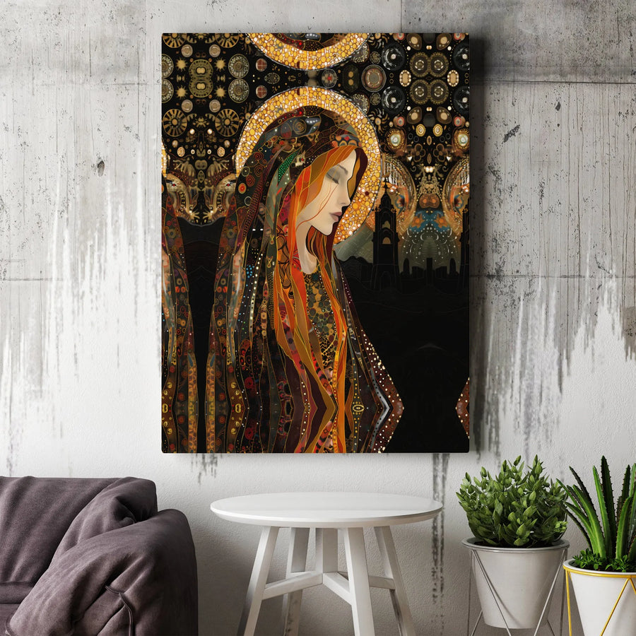 Abstract Madonna Canvas Wall Art | Klimt Inspired Gold Halo Design | Premium Frameless Canvas | Spiritual Home Decor Gift
