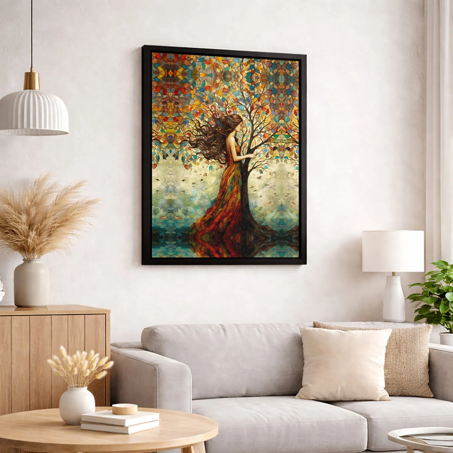 Woman Tree Of Life Canvas Art | Colorful Stained Glass Forest Wall Decor | Premium Fade-Resistant Gallery Wrap | Elegant Gift For Her Living Room