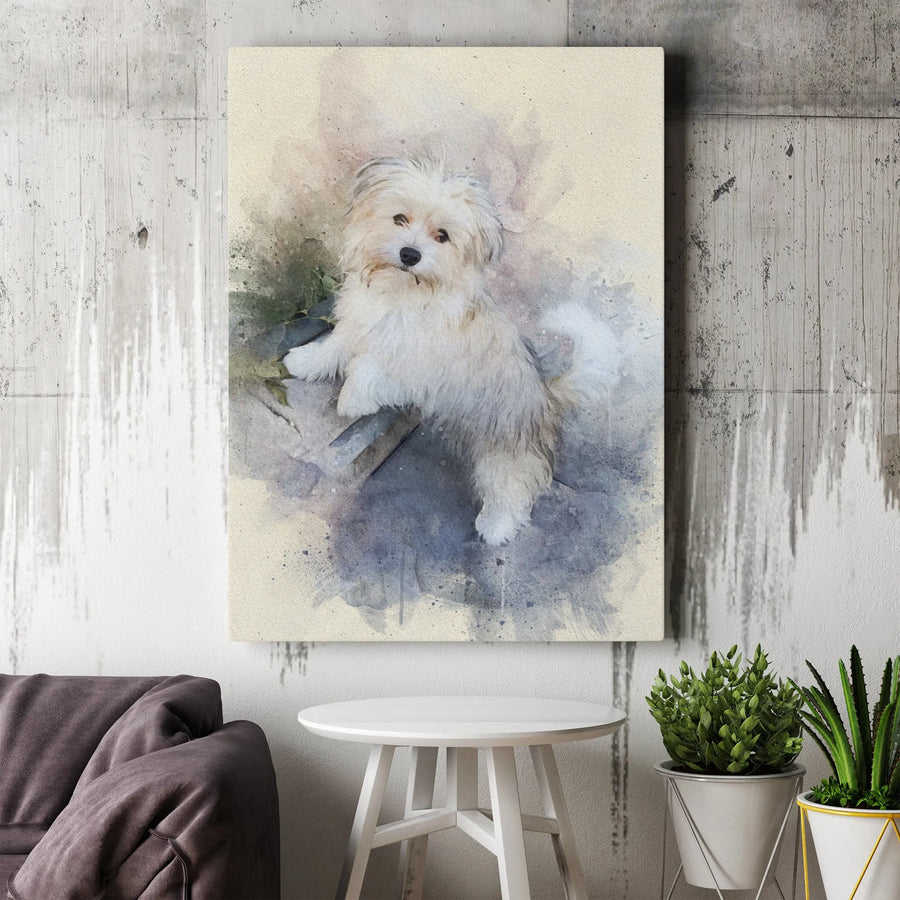 White Dog Watercolor Canvas Wall Art | Fluffy Puppy Portrait | Premium Gallery Wrapped Decor | Gift for Dog Lovers