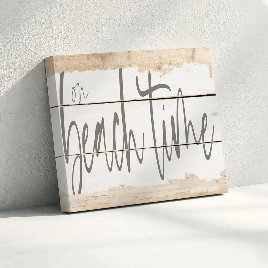 On Beach Time Canvas Wall Art | Rustic Whitewash Wood Print Design | Premium Thick Gallery Wrap Canvas | Gift for Beach House Living Room Decor