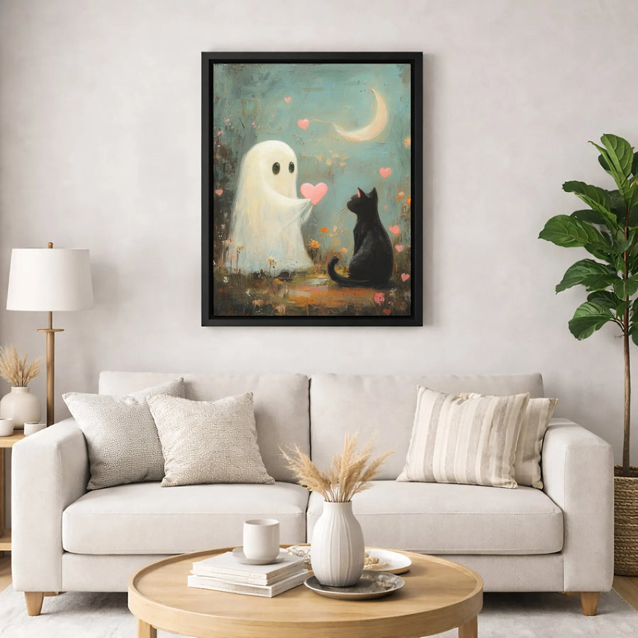 Cute Ghost and Black Cat Wall Art | Whimsical Romantic Moon Illustration | Premium 1.25" Gallery Canvas | Spooky Aesthetic Gift for Cat Lovers