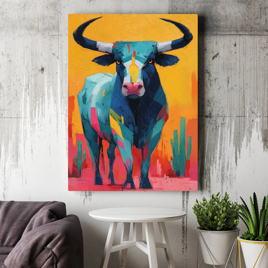 Southwestern Bull Wall Art | Abstract Desert Cattle Canvas Print | Premium Gallery-Wrapped Decor | Modern Animal Home Decor Gift