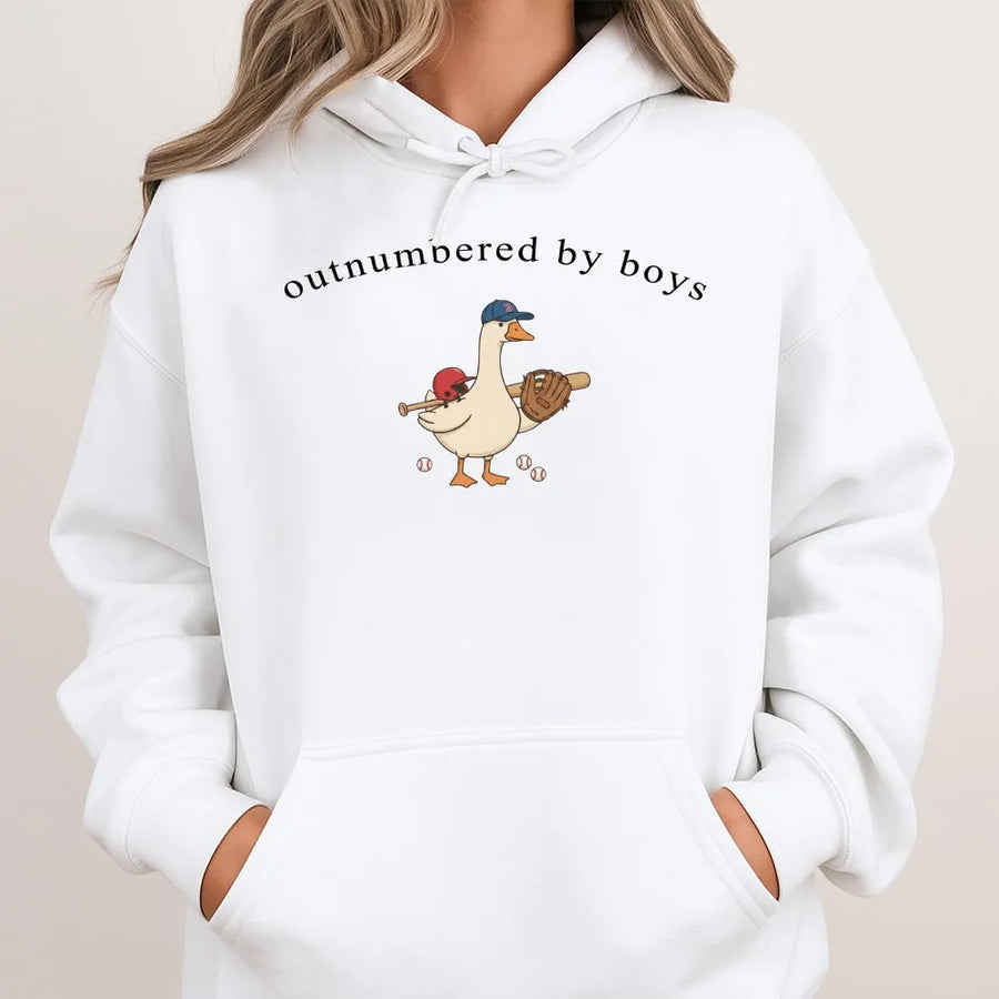 Outnumbered By Boys Hoodie | Funny Baseball Goose Graphic Sweatshirt | Soft Cotton Blend | Mother's Day Gift for Sports Mom