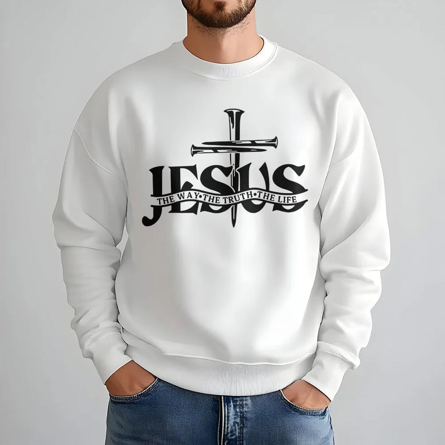 Jesus The Way The Truth The Life Sweatshirt | Cross and Nail Graphic | Premium Cotton Blend | Christian Religious Gift for Men and Women