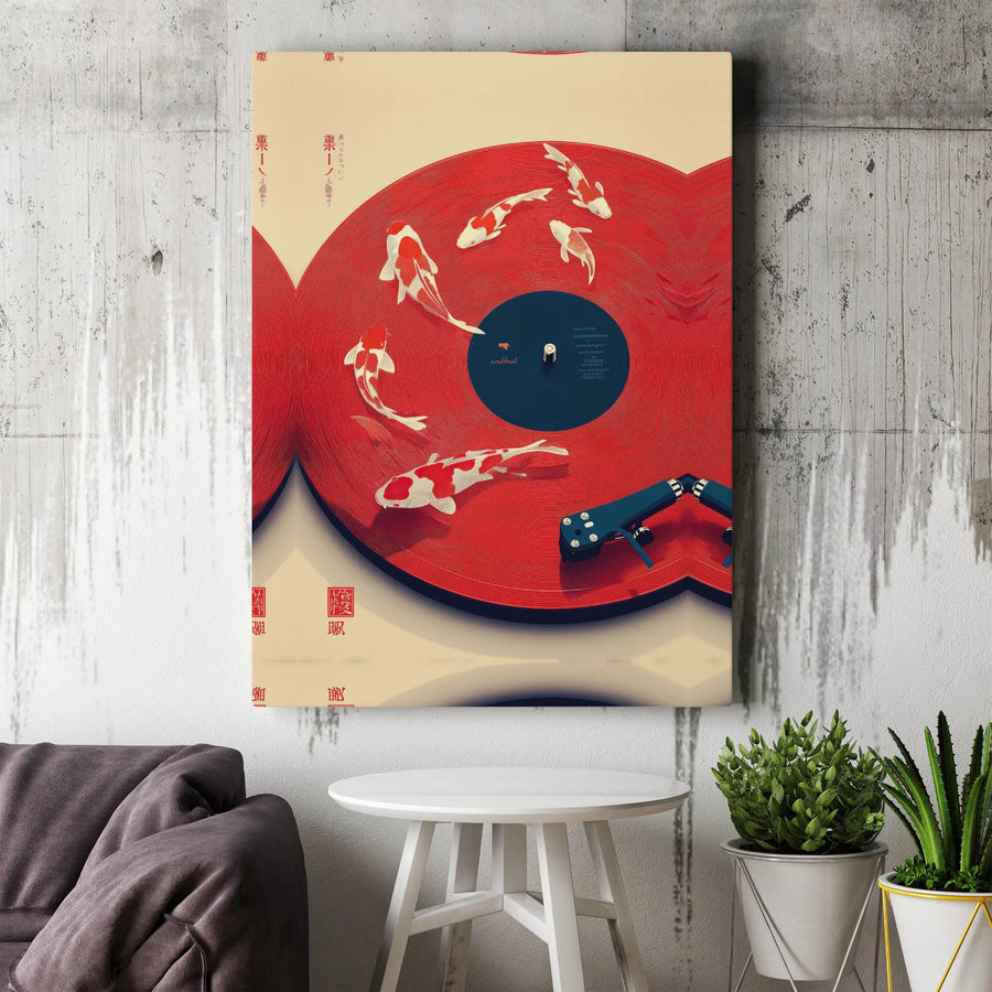Japanese Koi Fish Vinyl Record Canvas | Ukiyo-e Style Music & Nature Art | Premium Fade-Resistant Print | Unique Home Decor Gift for Audiophile