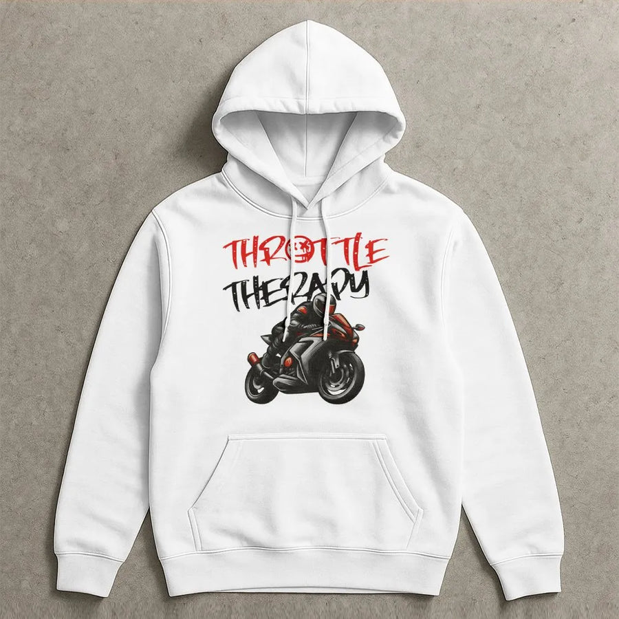 Throttle Therapy Motorcycle Hoodie | Biker Riding Graphic Pullover | Premium Cotton Blend | Gift for Him, Biker Enthusiasts & Rider Mental Health