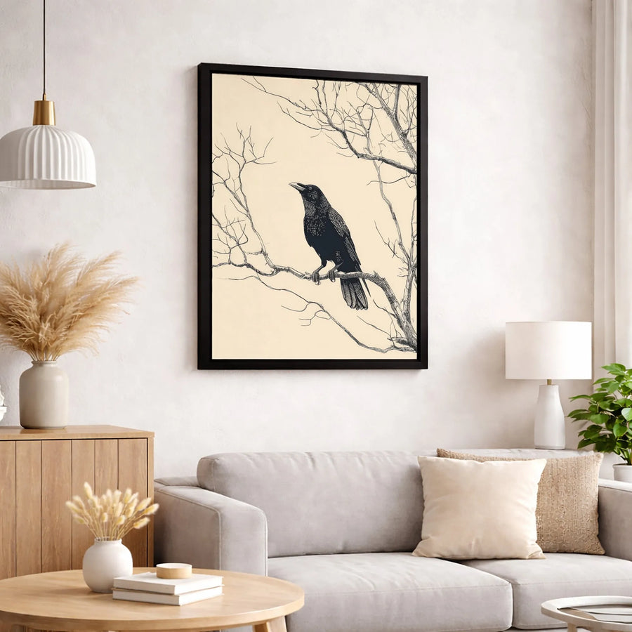 Black Crow Canvas Print | Vintage Botanical Raven Sketch | 1.25-inch Premium Gallery Wrap | Gothic Home Decor Wall Art Gift