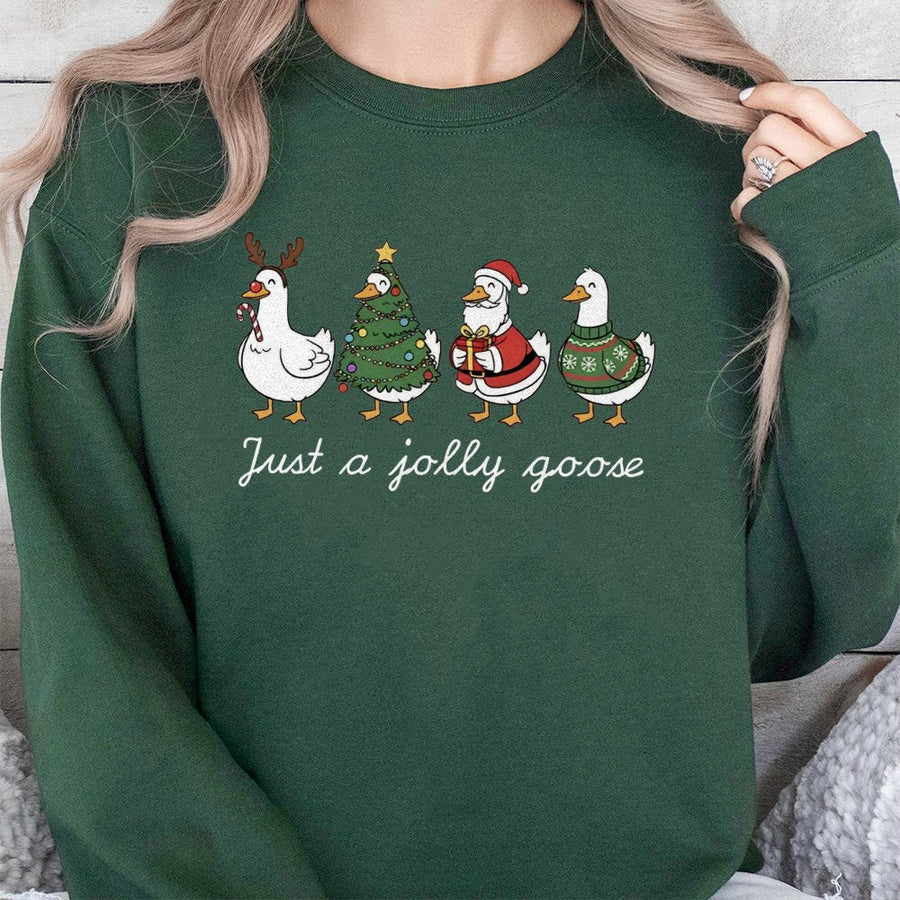 Just A Jolly Goose Sweatshirt | Funny Christmas Duck Holiday Graphic | Soft Cotton Blend Unisex Pullover | Festive Winter Apparel Gift For Her