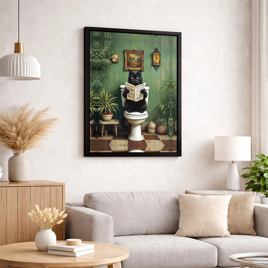 Black Cat Reading Newspaper Canvas | Funny Bathroom Wall Art | Premium 1.25 Inch Thick Gallery Wrap | Unique Cat Lover Gift