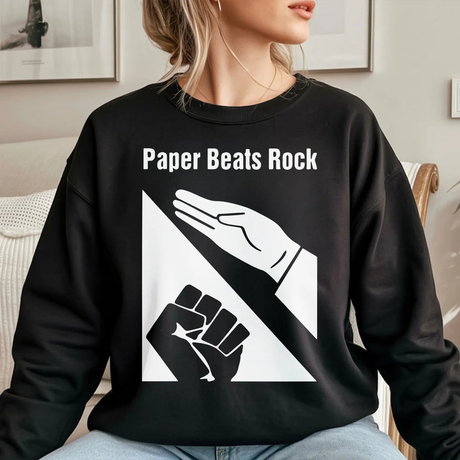 Paper Beats Rock Sweatshirt | Funny Hand Gesture Graphic Tee | Premium Cotton Blend Crewneck | Humorous Gift for Gamer or Game Night Fan