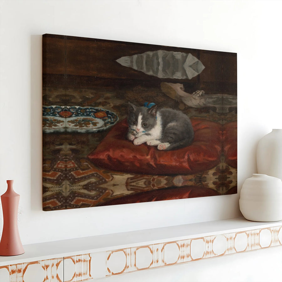 Vintage Cat Painting Canvas Art | Antique Kitten Oil Painting Reproduction | Fade-Resistant Premium Canvas | Collector's Home Decor Gift for Cat Lovers