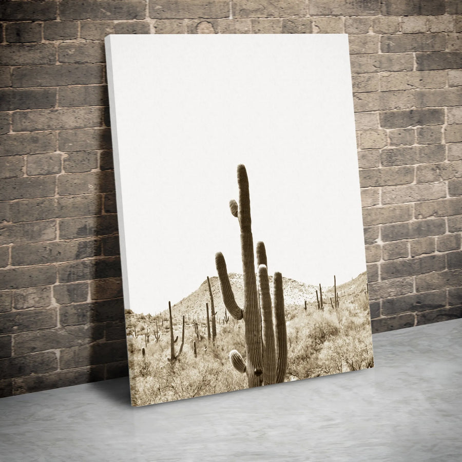 Saguaro Cactus Canvas Wall Art | Vintage Sepia Desert Photography | Premium Frameless Print, 1.25" Thick | Southwestern Boho Home Decor Gift