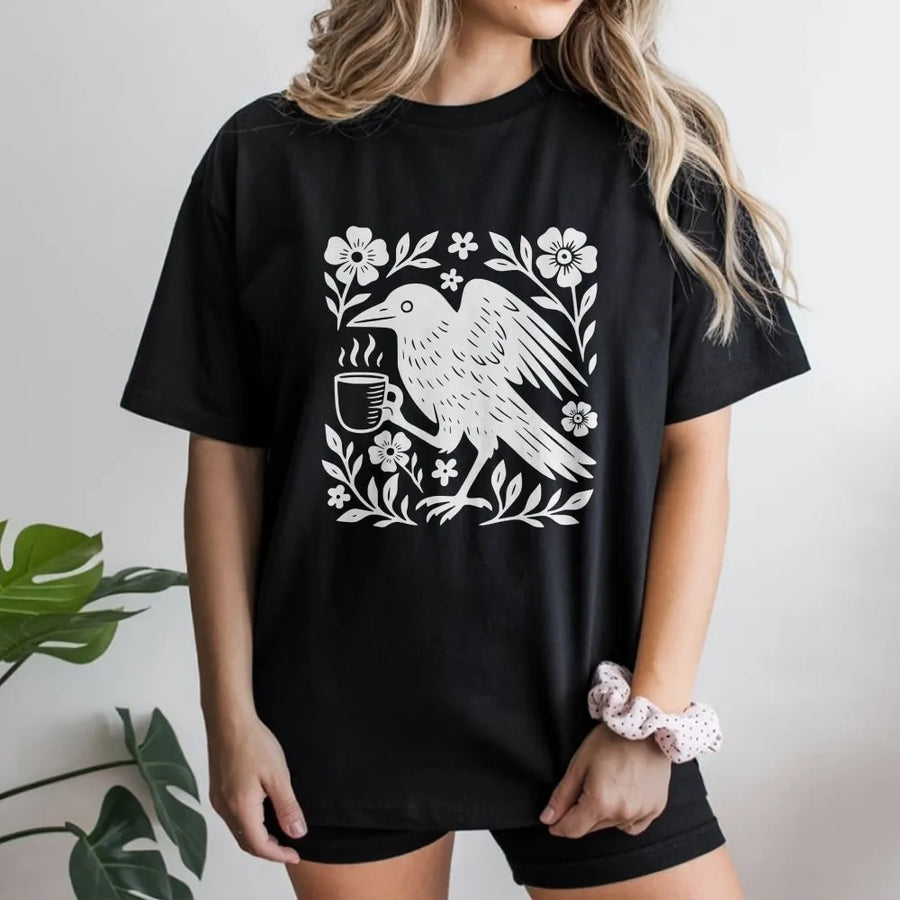 Gothic Crow Coffee Lover T-Shirt | Vintage Floral Bird Graphic Sweatshirt | Premium Cotton Blend | Dark Academia Unisex Gift