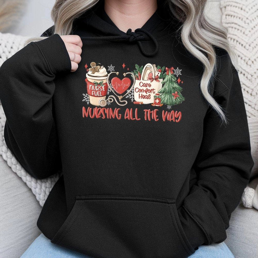 Christmas Nurse Hoodie | Nursing All The Way Festive Graphic | Premium Cotton Blend Unisex Sweatshirt | Gift For RN LPN Nursing Student