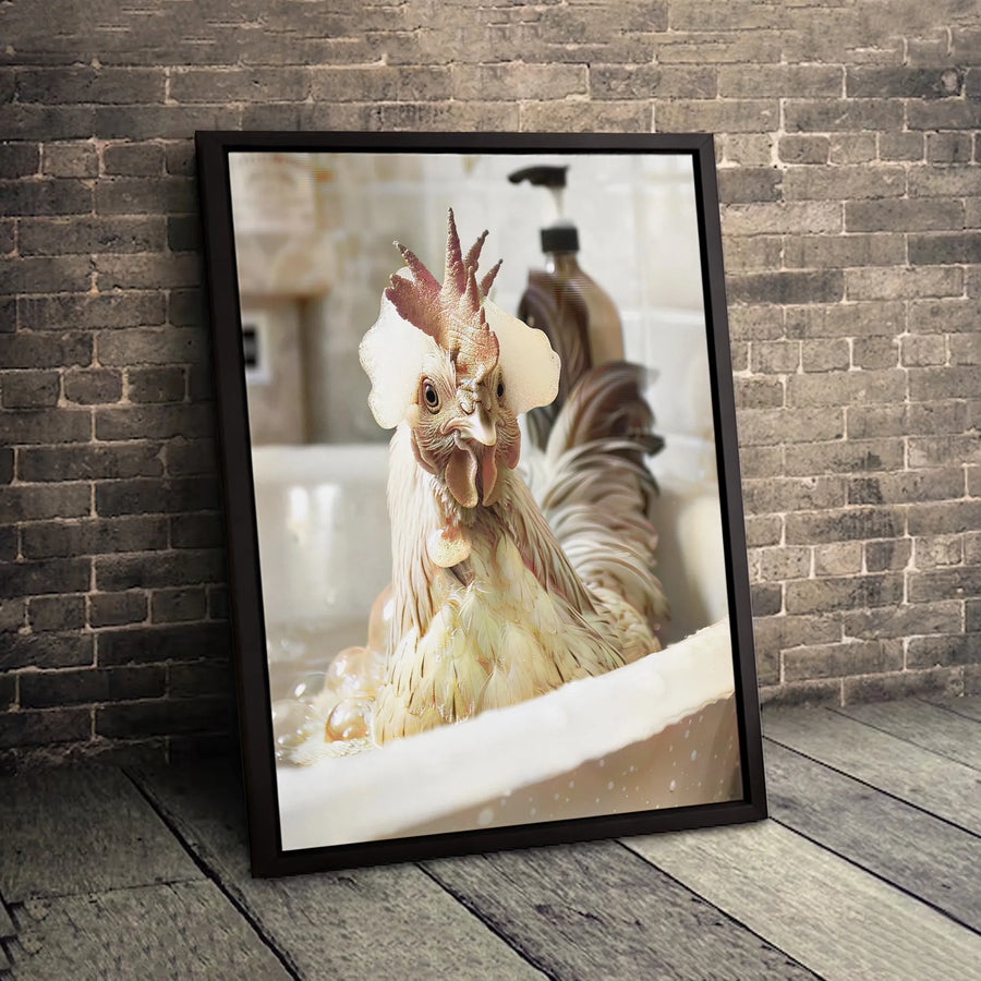 Funny Rooster Bubble Bath Canvas Wall Art | Quirky Farmhouse Bathroom Decor | Premium Fade-Resistant Print | Unique Gift for Chicken Lovers