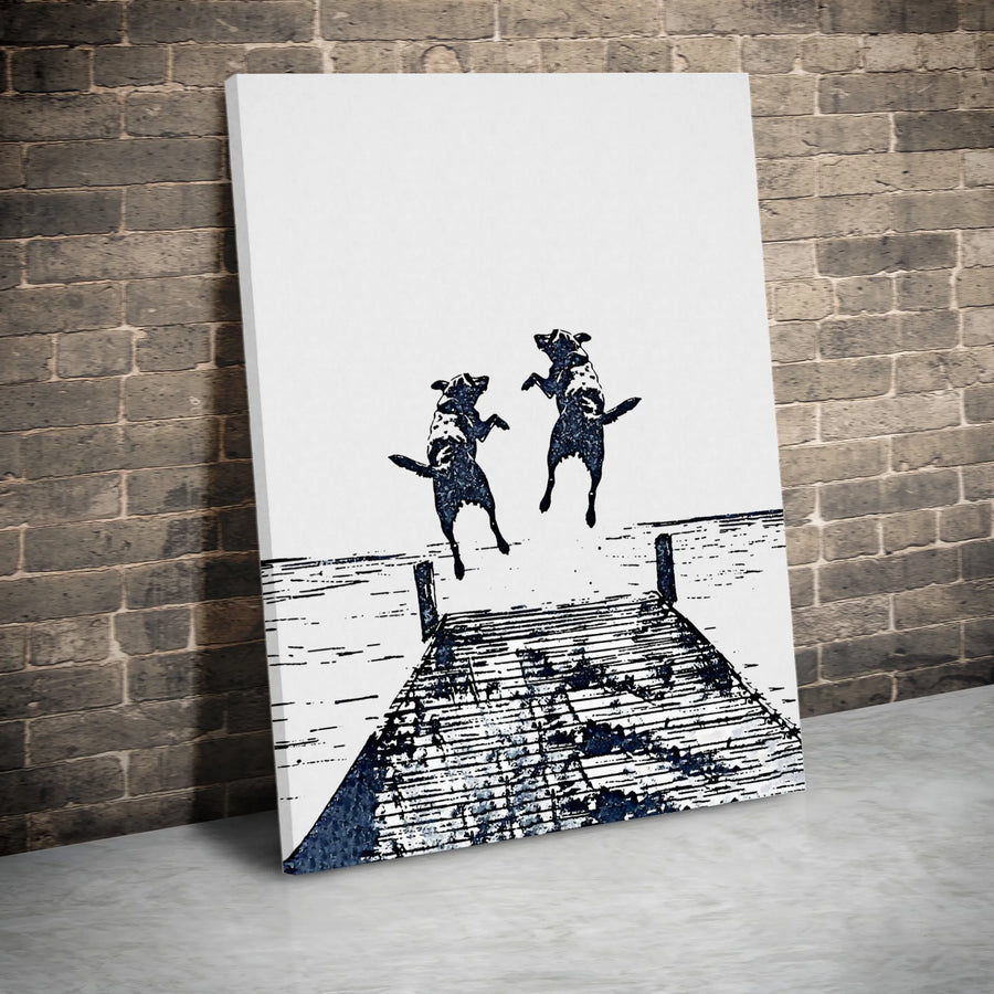 Dog Dock Jumping Wall Art | Playful Labrador Lake Scene Print | Premium Gallery Wrapped Canvas | Gift for Dog Lovers & Pet Owners