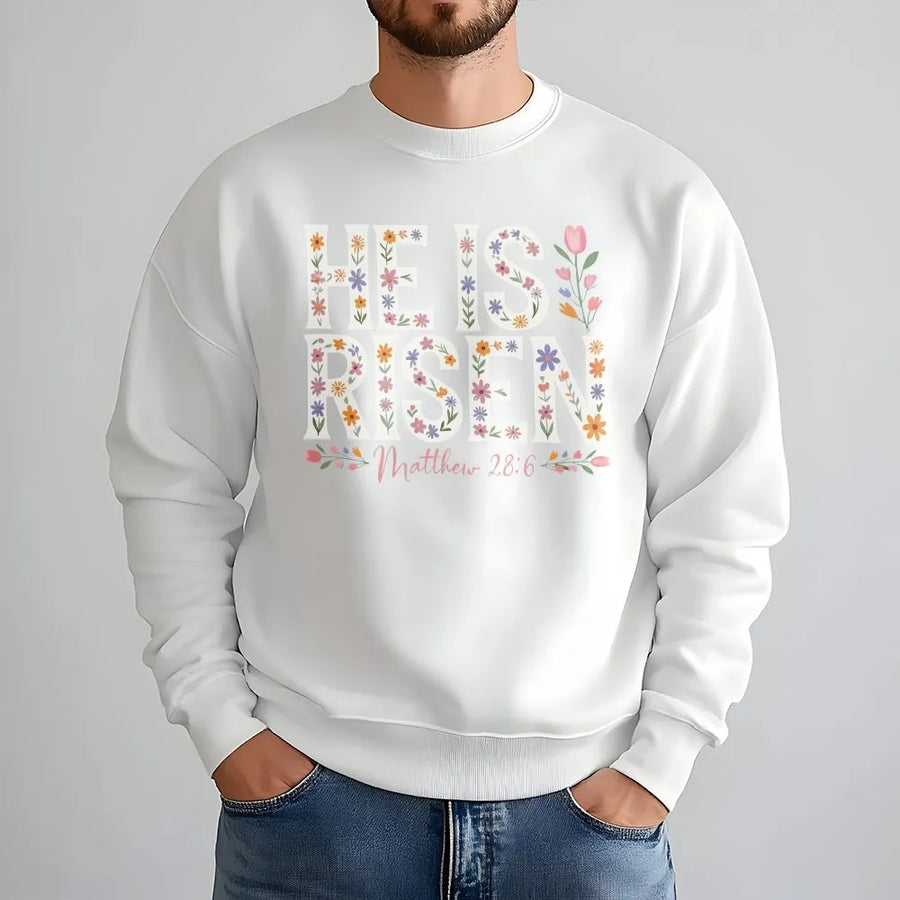 He Is Risen Floral Sweatshirt | Vintage Easter Christian Graphic | Soft Cotton Polyester Blend | Religious Apparel Gift for Women Men