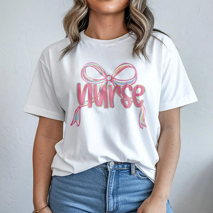 Nurse Coquette Bow T-Shirt | Trendy Girly Pink Nursing Aesthetic | Soft 100% Cotton Premium Tee | Cute RN Appreciation Gift for Women & Nurses