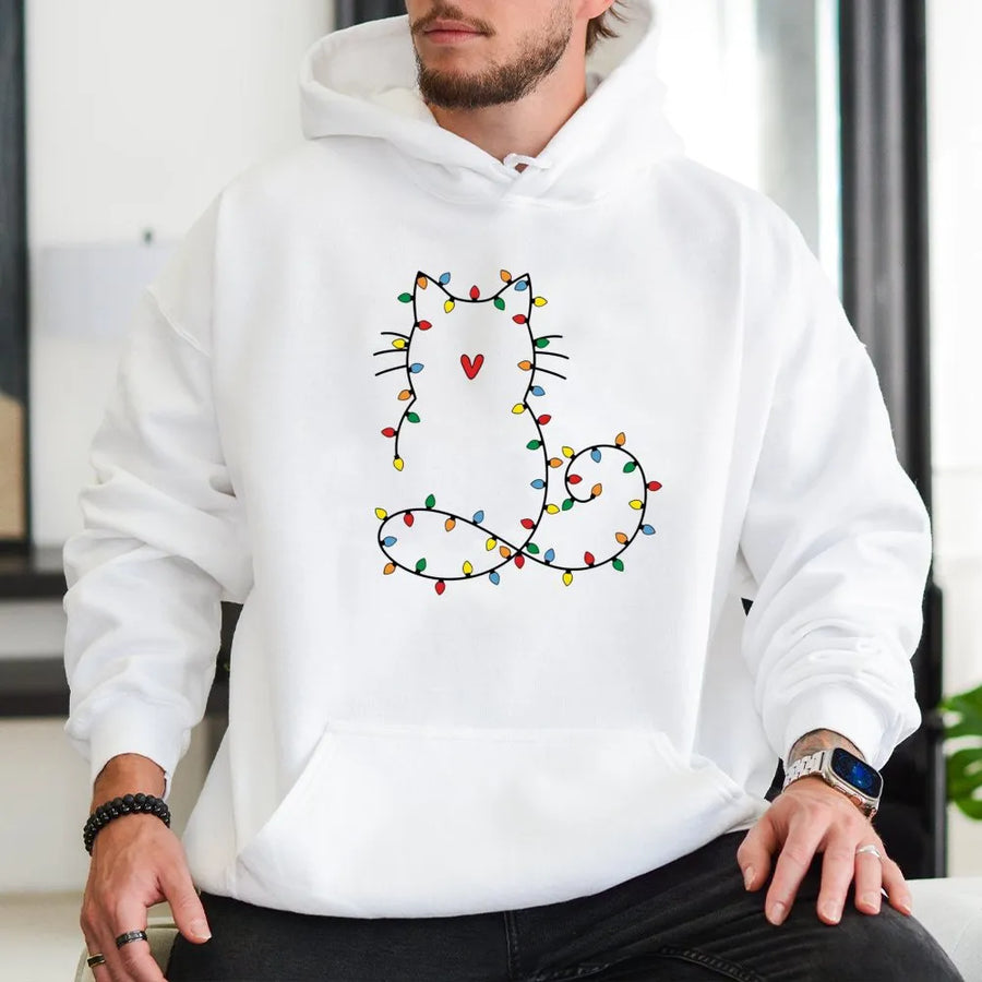 Cat Christmas Hoodie | Festive Holiday Fairy Lights Kitty Graphic | Soft Cotton-Blend Premium Fleece | Cute Gift for Cat Lovers