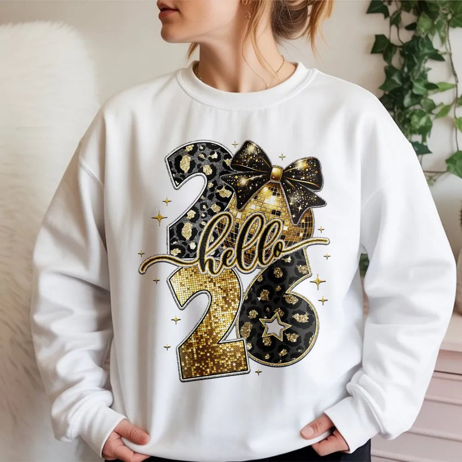 Hello 2026 New Year Sweatshirt | Gold Glitter Leopard Disco Bow Graphic | Premium Cotton Blend | Sparkly Holiday Party Gift for Her
