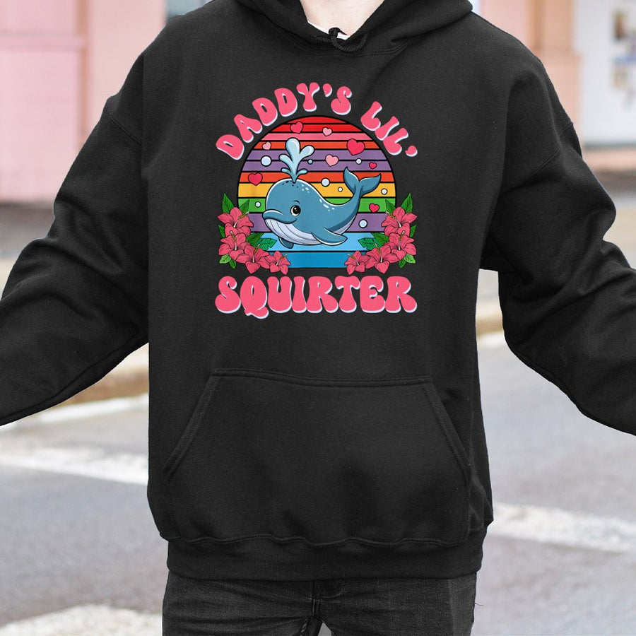 Daddy's Lil Squirter Hoodie | Funny Whale Retro Graphic Design | Premium Cotton-Poly Blend | Edgy Adult Humor Gift For Women And Men