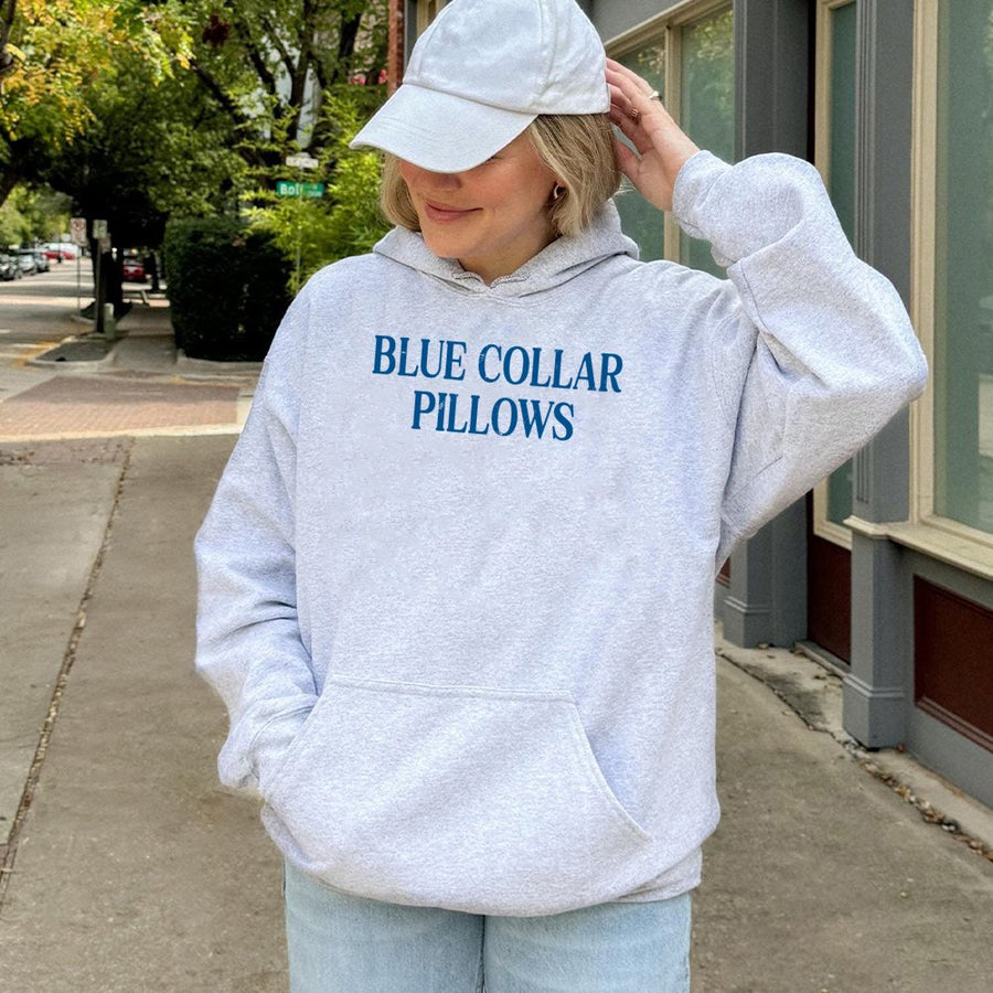 Blue Collar Pillows Hoodie | Funny Graphic Text Design | Soft Cotton-Polyester Blend | Gift For Blue Collar Wife Or Girlfriend
