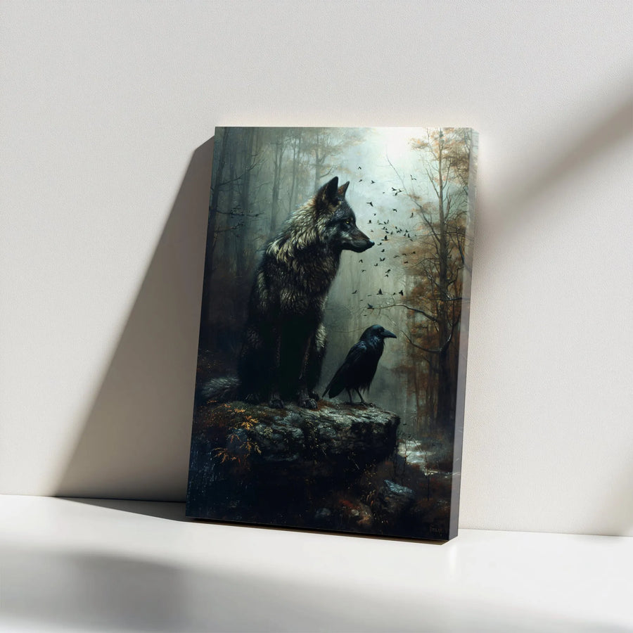 Wolf And Raven Canvas Wall Art | Dark Forest Mystical Wildlife Print | Premium 1.25 inch Gallery Wrap | Gothic Home Decor For Nature Lovers