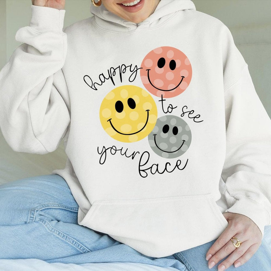 Happy To See Your Face Hoodie | Retro Smiley Face Graphic | Premium Cotton Blend | Back To School Teacher Gift for Her