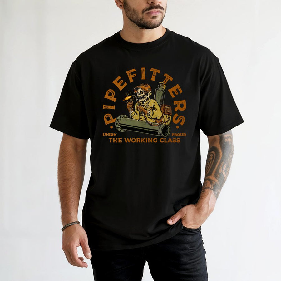 Pipefitter T-Shirt | Skeleton Welder Graphic Design | 100% Cotton Premium Tee | Union Proud Blue Collar Worker Gift