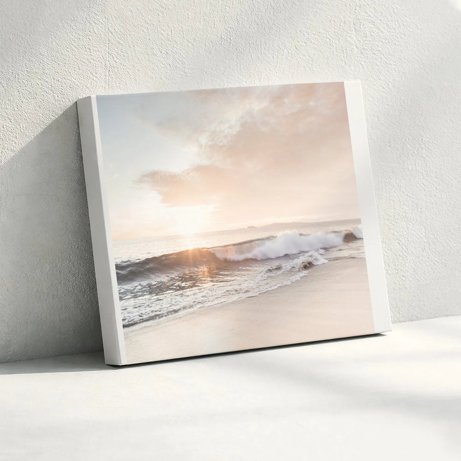 Coastal Beach Canvas Wall Art | Pastel Sunset Ocean Wave Photography | Thick Gallery Wrapped Canvas | Boho & Coastal Living Room Decor