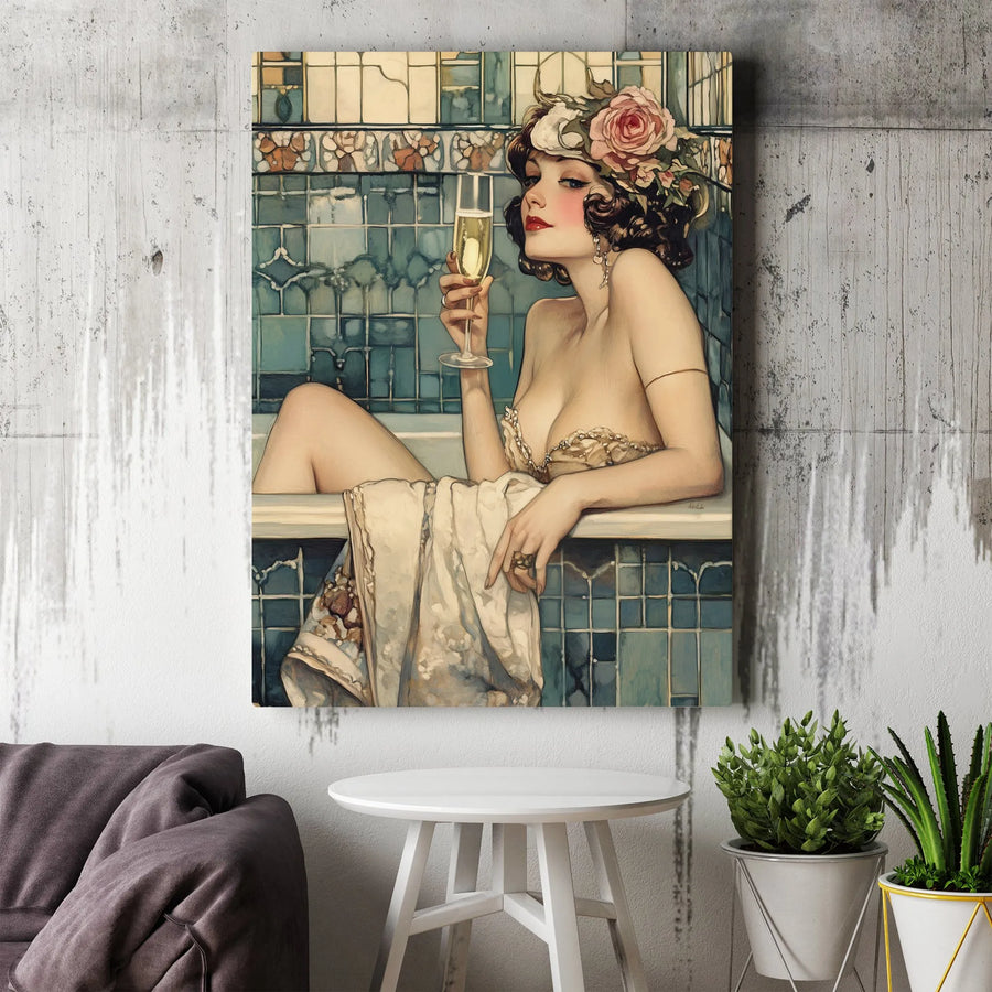 Art Nouveau Woman Bathtub Canvas Print | Elegant Champagne Lady Illustration | 1.25-Inch Premium Gallery Wrap | Sophisticated Home Decor Gift
