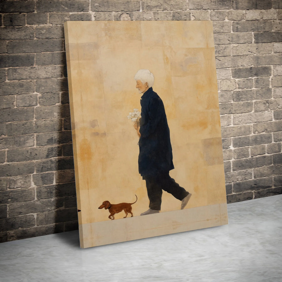 Vintage Man and Dachshund Canvas Print | Minimalist Dog Walker Painting with Flowers | Gallery Quality Wall Decor | Unique Art Gift for Dog Lover