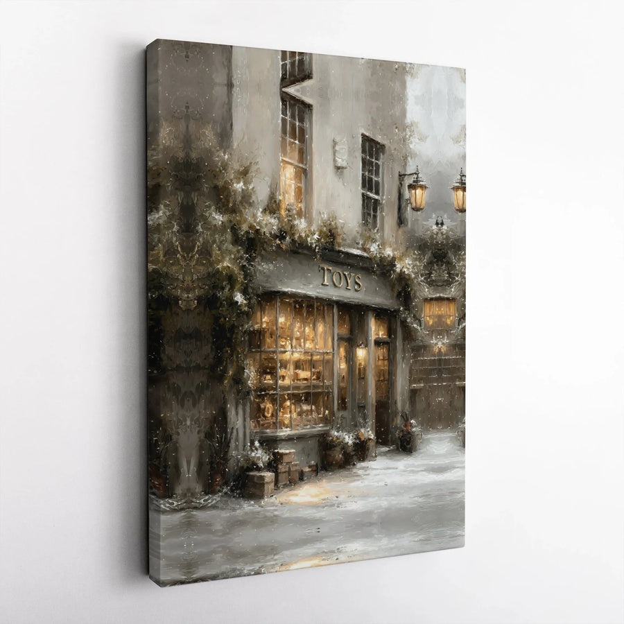 Snowy Toy Shop Canvas Wall Art | Vintage Christmas Village Decor | Premium Fade-Resistant Print | Cozy Holiday Home Gift