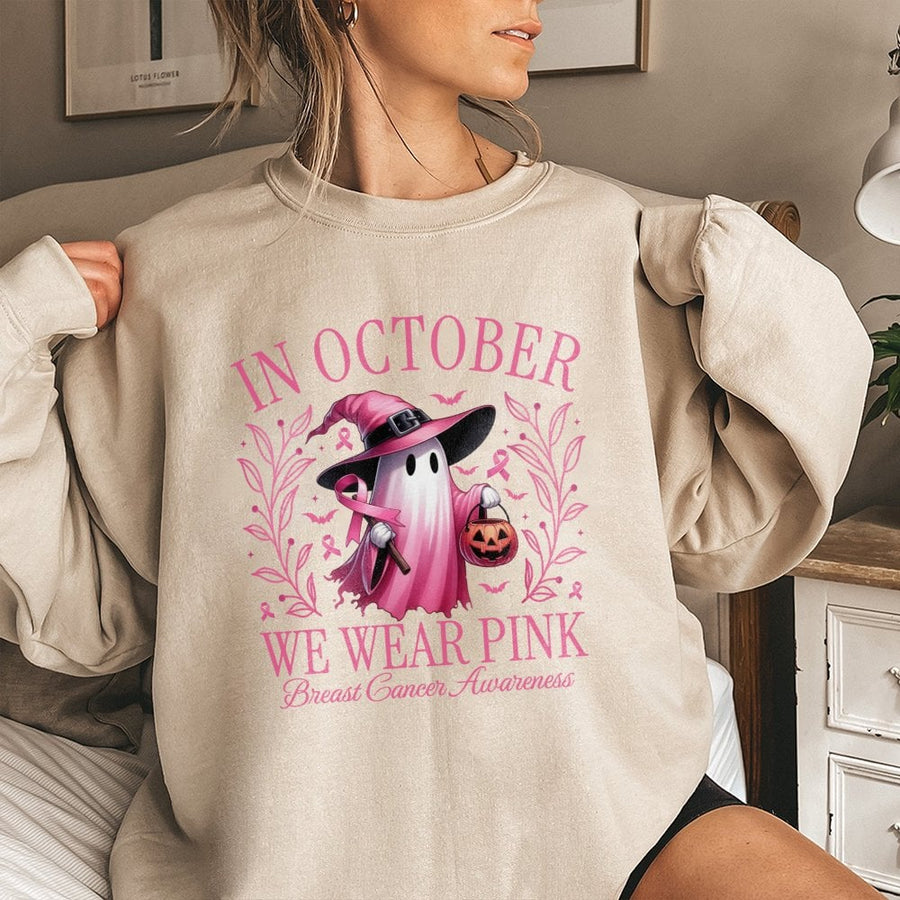 In October We Wear Pink Sweatshirt | Breast Cancer Awareness Ghost Design | Premium Cotton Blend | Halloween Charity Gift For Her