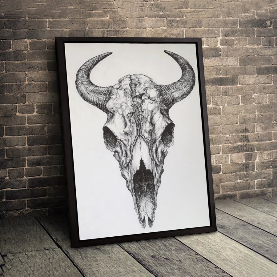 Bull Skull Canvas Wall Art | Detailed Western Animal Sketch | Premium Gallery Wrapped Print | Southwestern Home Decor Gift