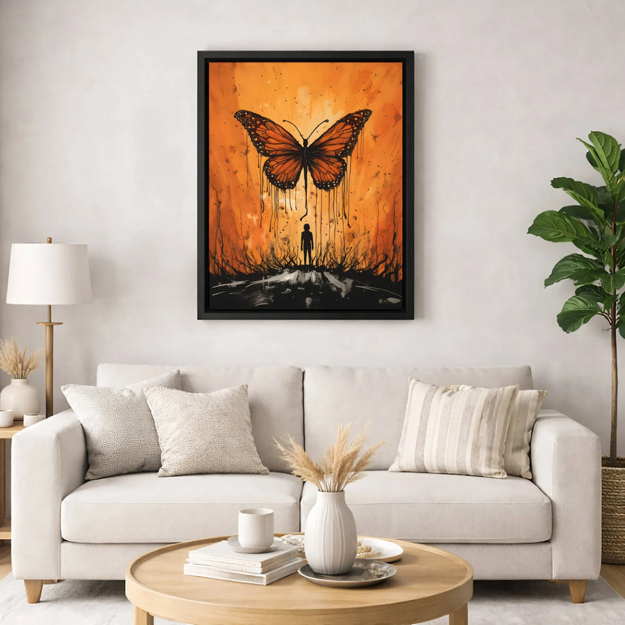 Monarch Butterfly Canvas Wall Art | Surreal Silhouette Dripping Paint Design | Premium Gallery Wrapped Decor | Modern Abstract Home Office Gift