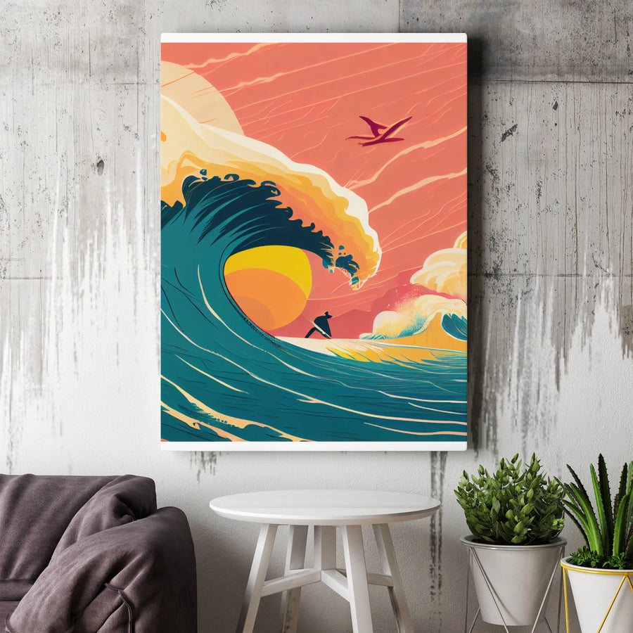 Surfing Wall Art Canvas | Retro Great Wave Pterodactyl Sunset Design | Premium 1.25 Inch Gallery Wrap | Modern Home Office Decor Gift