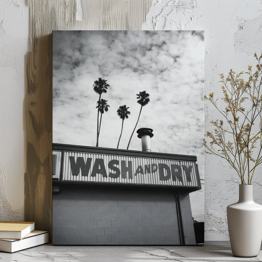 Wash And Dry Laundromat Wall Art | Black and White Palm Tree Photography | 1.25" Gallery Wrap Canvas | Premium Modern Home Decor Print