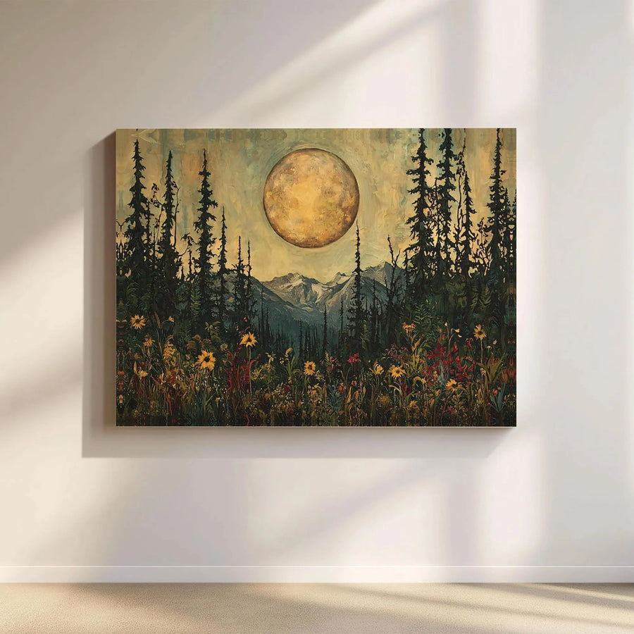Mountain Forest Wall Art | Golden Moon Landscape Painting | Gallery Wrapped Canvas Print | Moody Nature Home Decor Gift