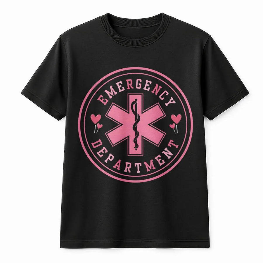 Emergency Department T-Shirt | Pink Heart Medical Symbol Print | Premium Soft Cotton Tee | Valentine Gift for ER Nurse, Doctor, or EMT